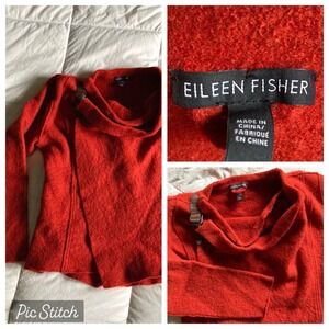 Eileen Fisher Wool Asymmetrical Drape Wrap Sweater Womens Red-Orange *READ Boho